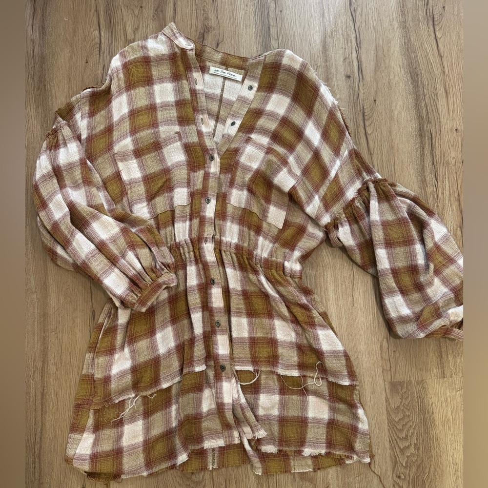 We The Free Brown and Cream Plaid Button-Down mini dress